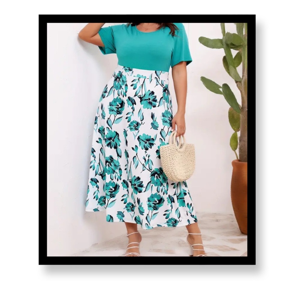 Teal Floral Maxi Dress with Short Sleeves